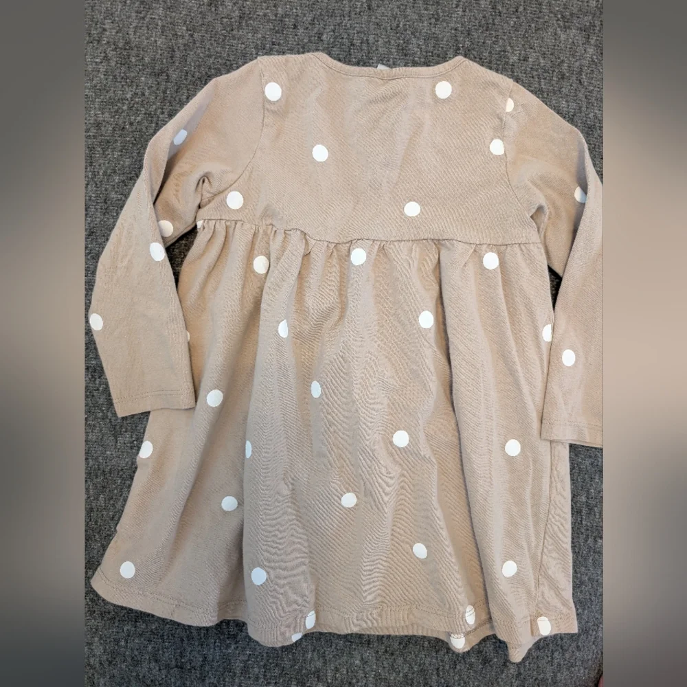 Neutral Tan And White Polkadot Long Sleeve Dress